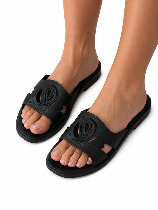 Oncai Shoes - Slip-On Black Women's Slide Sandals with Decorative Cutout
